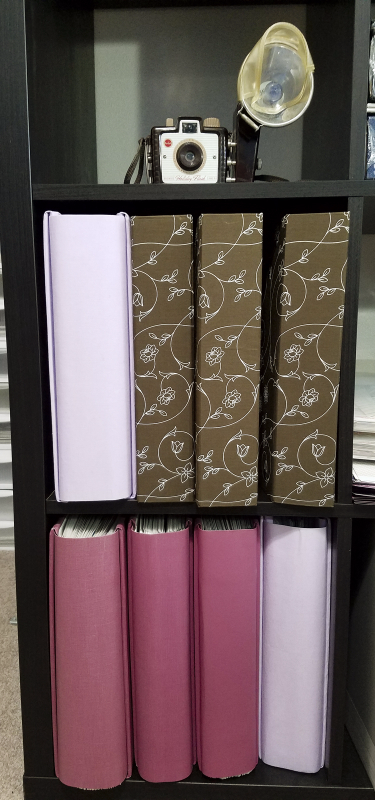 Scrapbooks on bookshelf Scrapbooks on bookshelf